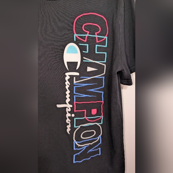 90's Style Champion Black Neon Embroidered Logo T-shirt Unisex Large 100% Cotton - Picture 4 of 11